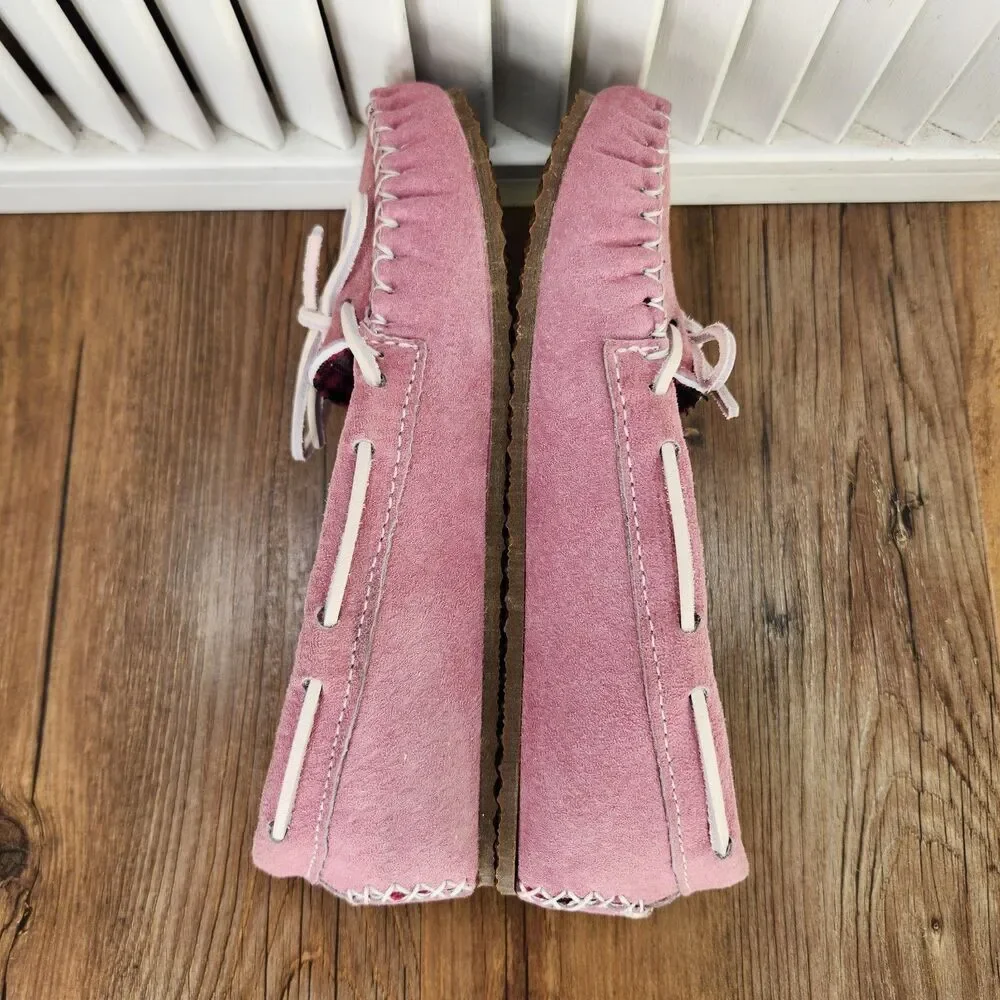 Old Friend Buckeye Moccasin Slippers Child Sz 2 Pink Fleece Lined Comfort Shoes